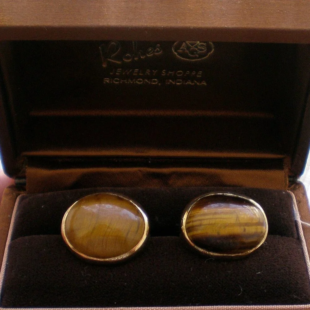 Vintage Solid 10K Yellow Gold Tiger Eye Men's Men Cufflinks Original Box 18.7 g.